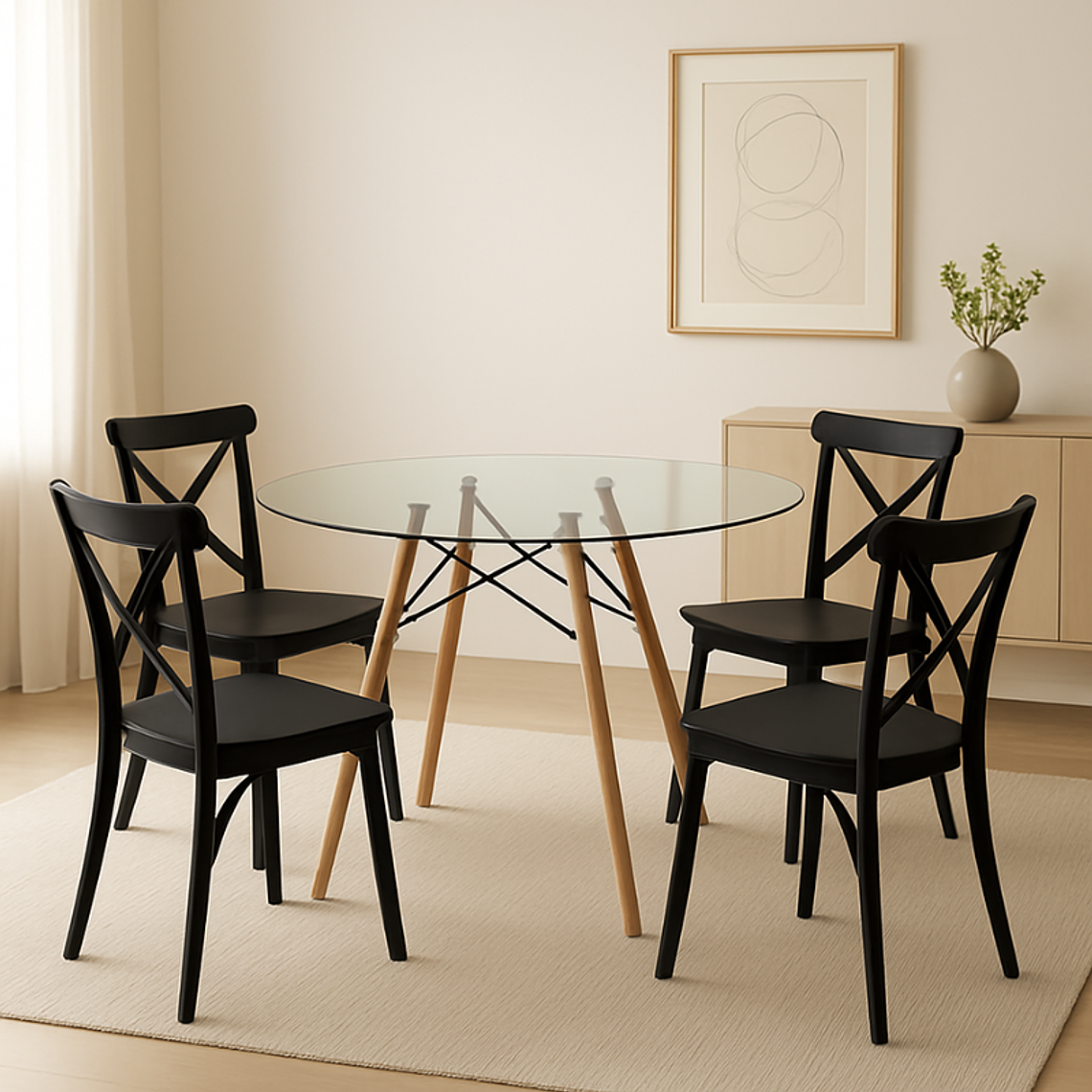 Comedor Turín redondo vidrio 80 cm con 4 Sillas Crossback Danubio 1