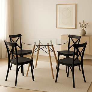 Comedor Turín redondo vidrio 80 cm con 4 Sillas Crossback Danubio