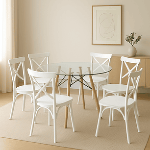 Comedor Turín redondo vidrio 120 cm con 6 Sillas Crossback Danubio