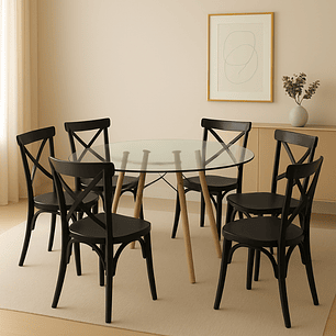 Comedor Turín redondo vidrio 120 cm con 6 Sillas Crossback Danubio