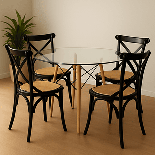 Comedor Konya redondo vidrio 100 cm con 4 Silla Crossback Danubio madera rattan