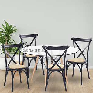 Comedor Konya redondo vidrio 80 cm con 4 Silla Crossback Danubio madera rattan