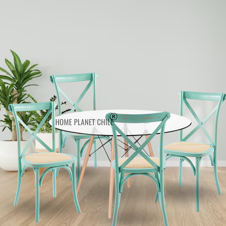 Comedor Konya redondo vidrio 80 cm con 4 Silla Crossback Danubio madera rattan 4