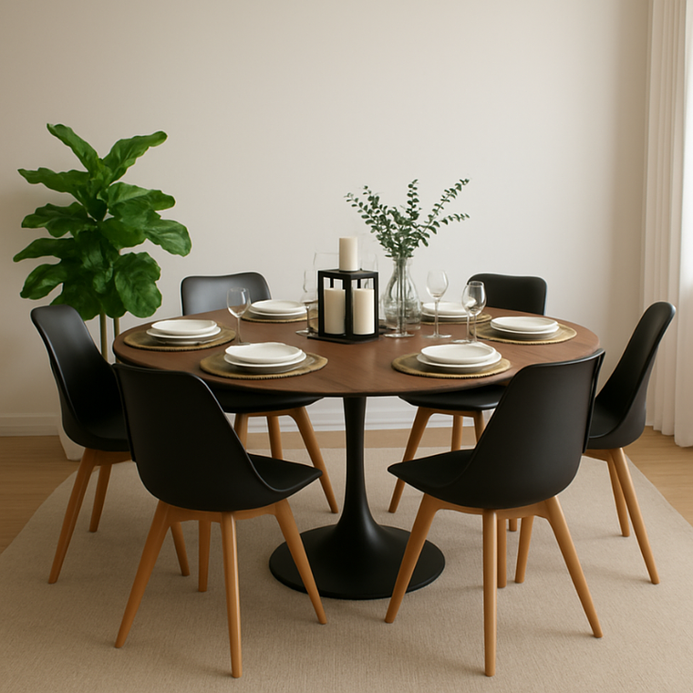 Comedor York madera 120 cm l Base Negra con 6 Sillas Tulip 1