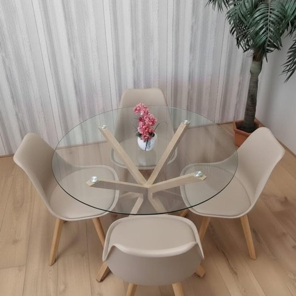 Comedor Jena redondo vidrio 100 cm con 4 Sillas Tulip 7