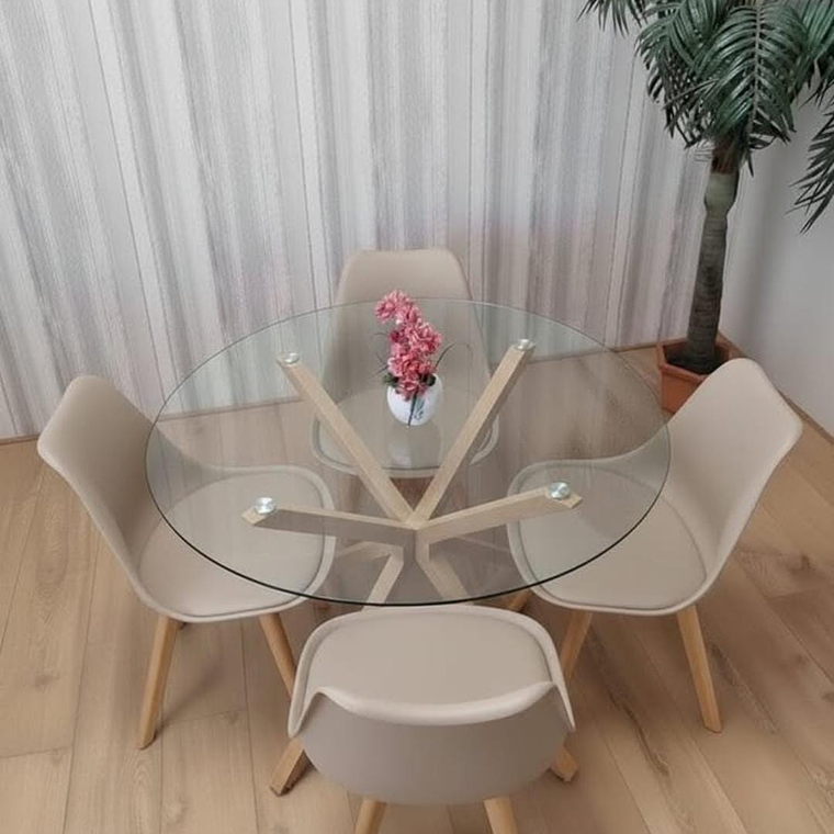 Comedor Jena redondo vidrio 100 cm con 4 Sillas Tulip 7