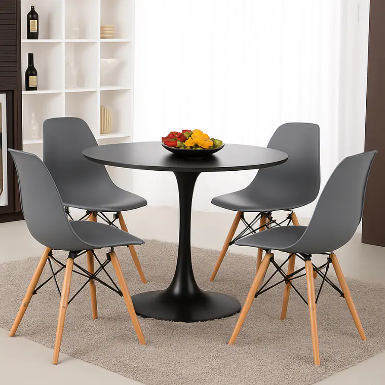 Comedor Siena redondo negro 100 cm con 4 Sillas Eames 3