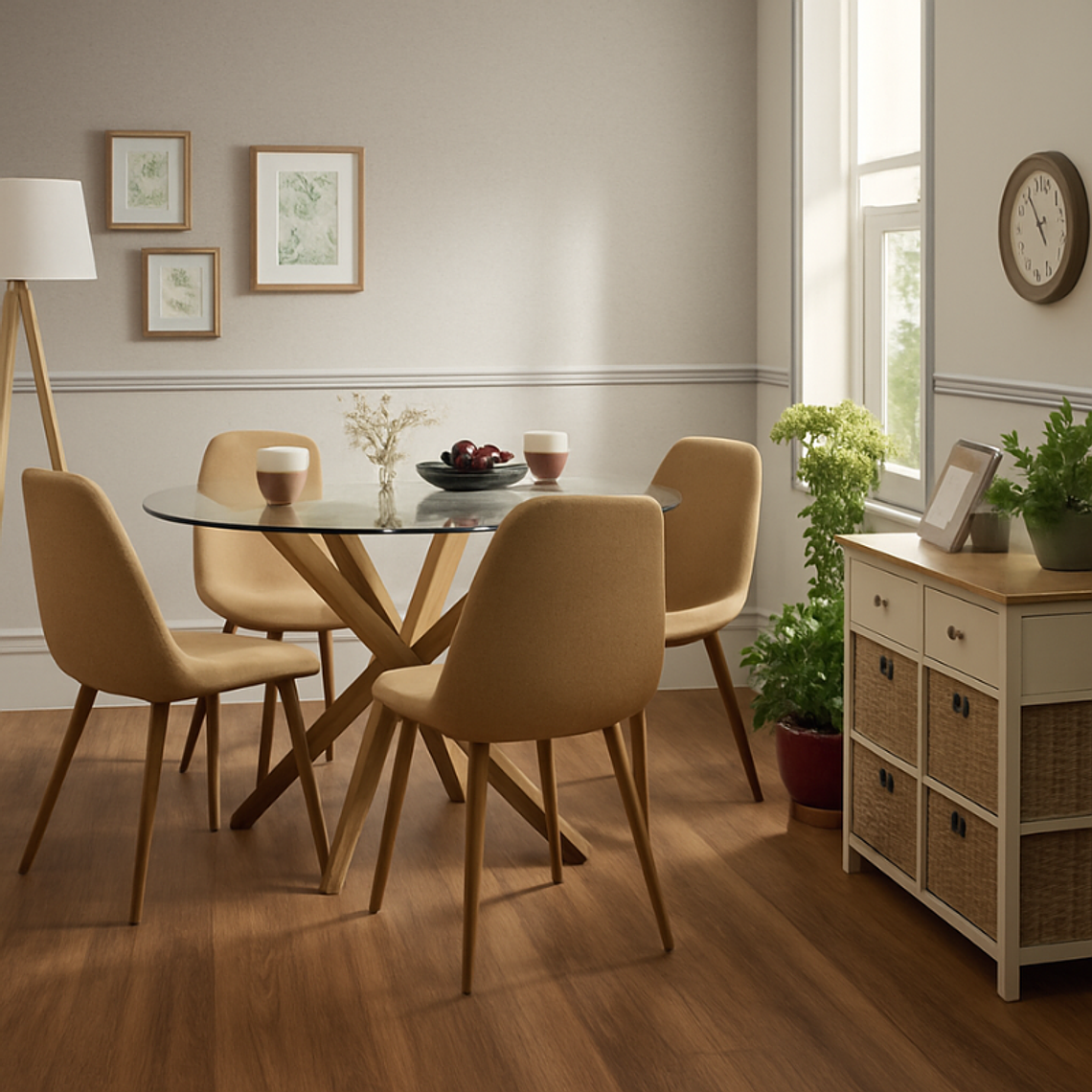 Comedor Jamaica redondo vidrio 100 cm con 4 Sillas Spoon terciopelo 2