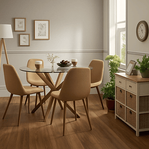 Comedor Jamaica redondo vidrio 100 cm con 4 Sillas Spoon terciopelo