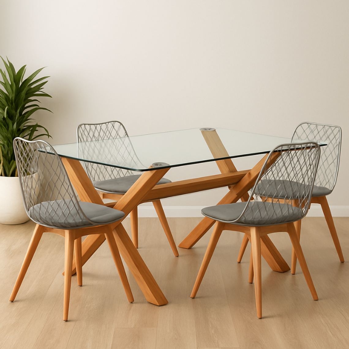 Comedor Catania rectangular vidrio 130x80 cm con 4 Sillas Tulip Mesh 1