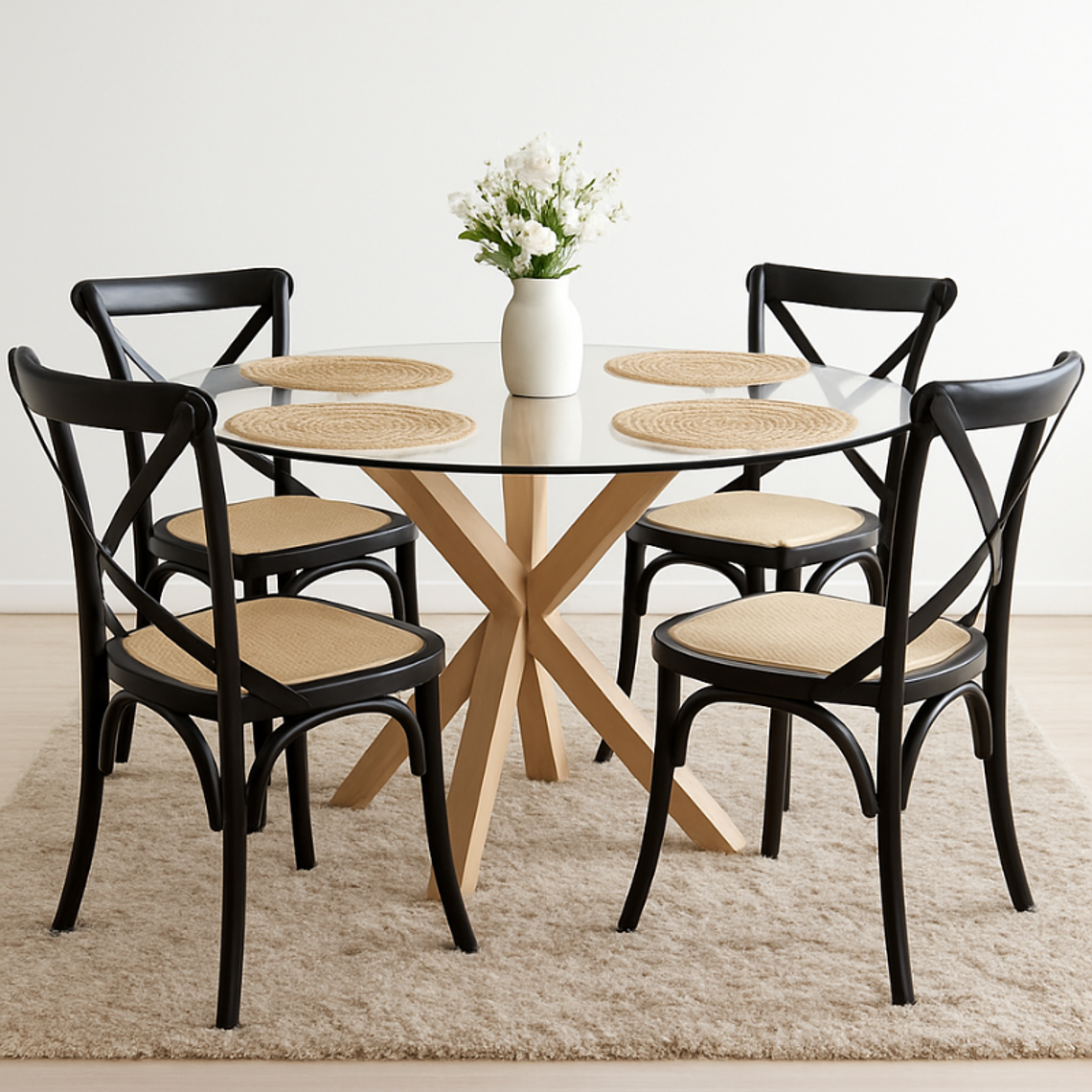 Comedor Dakota redonda vidrio 100 cm con 4 Sillas Crossback Danubio Madera 1
