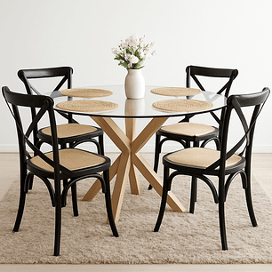 Comedor Dakota redonda vidrio 100 cm con 4 Sillas Crossback Danubio Madera