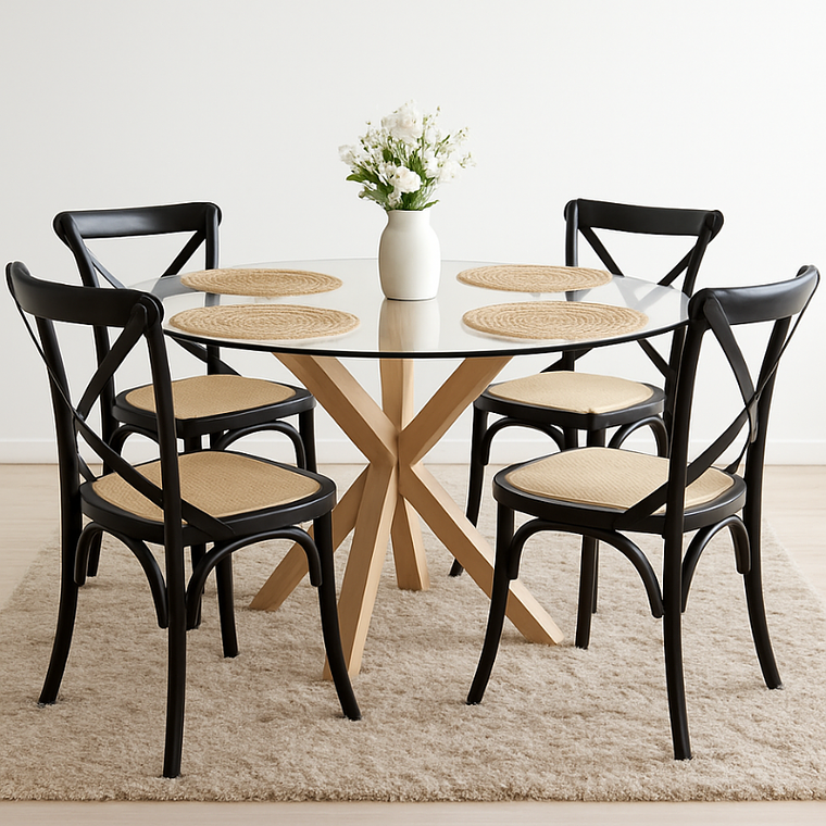 Comedor Dakota redonda vidrio 100 cm con 4 Sillas Crossback Danubio Madera 1