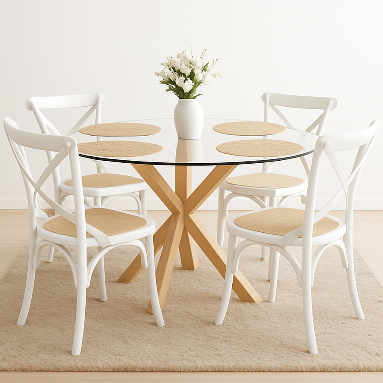 Comedor Dakota redonda vidrio 120 cm con 4 Sillas Crossback Danubio Madera 1