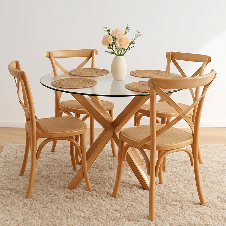 Comedor Dakota redonda vidrio 120 cm con 4 Sillas Crossback Danubio Madera 3