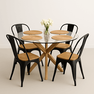 Comedor Fenix Wood redondo vidrio 100 cm con 4 Sillas Tolix asiento madera