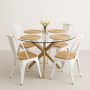 Comedor Fenix Wood redondo vidrio 100 cm con 4 Sillas Tolix asiento madera