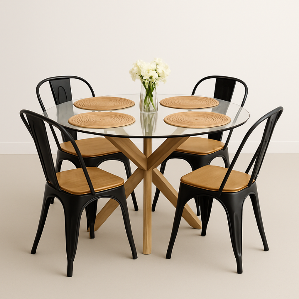 Comedor Fenix Wood redondo vidrio 120 cm con 4 Sillas Tolix asiento madera 2