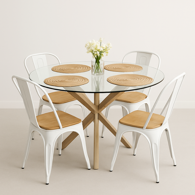 Comedor Fenix Wood redondo vidrio 120 cm con 4 Sillas Tolix asiento madera 1