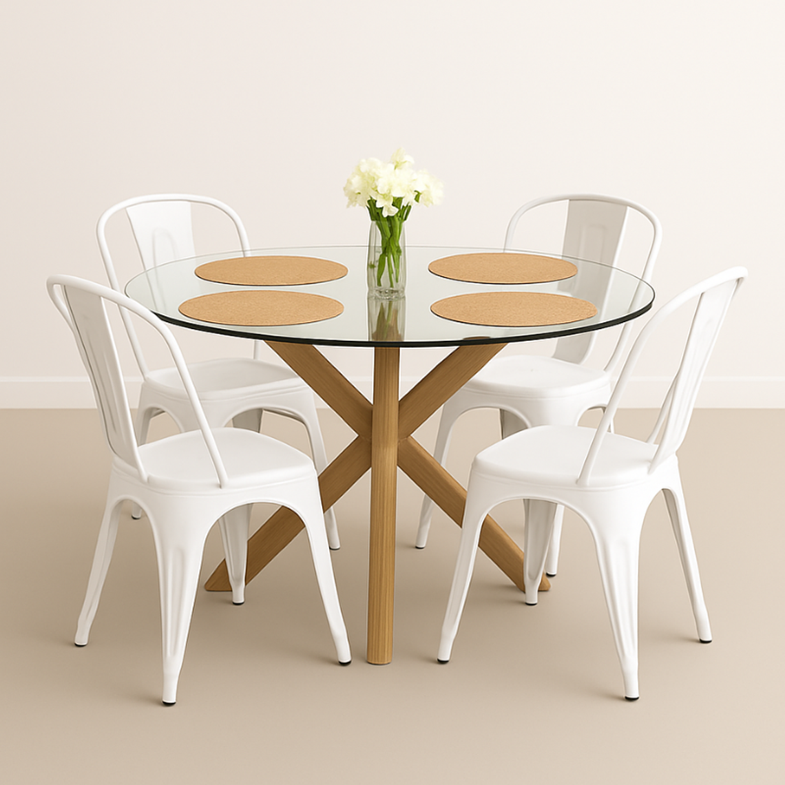 Comedor Fenix Classic redondo vidrio 100 cm con 4 Sillas Tolix  2