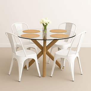 Comedor Fenix Classic redondo vidrio 100 cm con 4 Sillas Tolix 