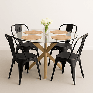 Comedor Fenix Classic redondo vidrio 120 cm con 4 Sillas Tolix 