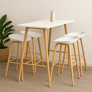 Comedor Patagonia Mesa Bar Alta blanca 120x60 cm con 4 Taburetes Nordicos