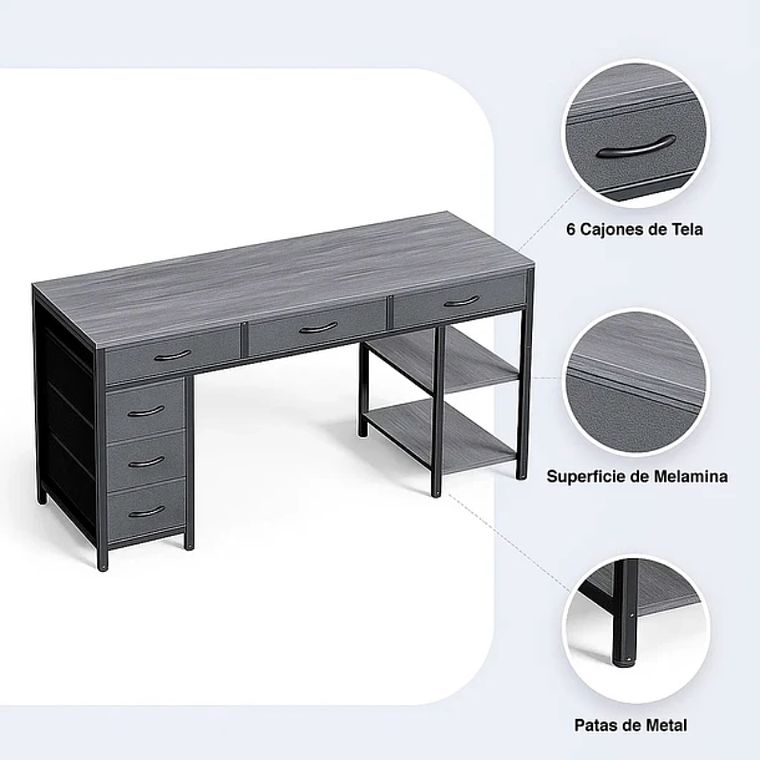 Escritorio Ejecutivo Grey 140cm | Seis Cajones Tela 4