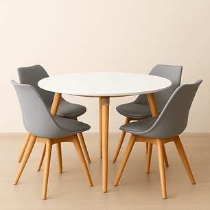 Comedor Ragnarok Wood redondo Blanco 100 cm con 4 Sillas Tulip