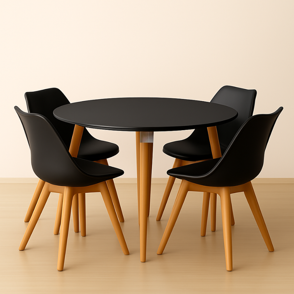 Comedor Ragnarok Wood redondo Negro 100 cm con 4 Sillas Tulip 1