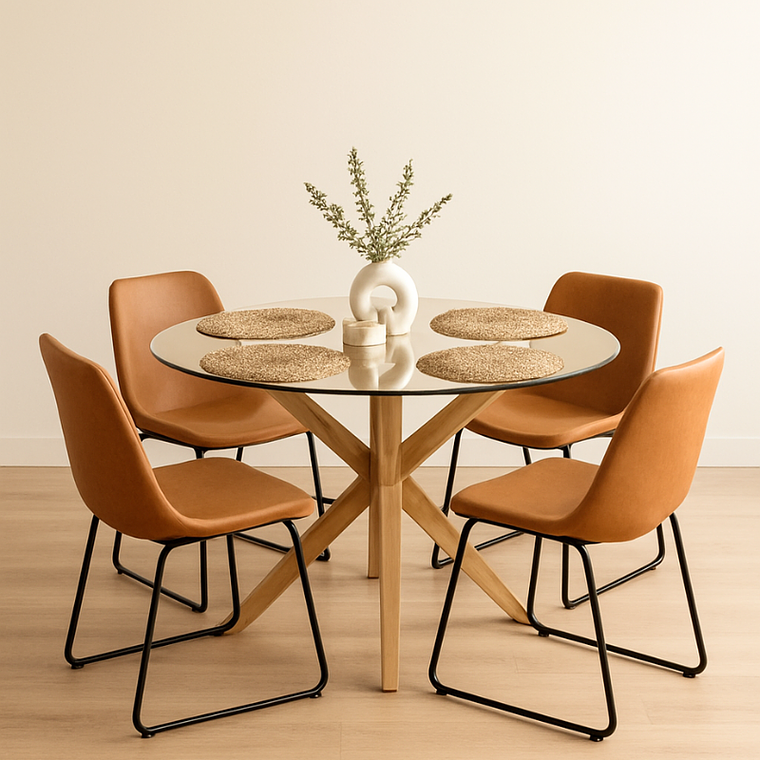 Comedor Vik redondo vidrio 100 cm con 4 Sillas Burgos de Cuero Sintético y Metal Industrial 1