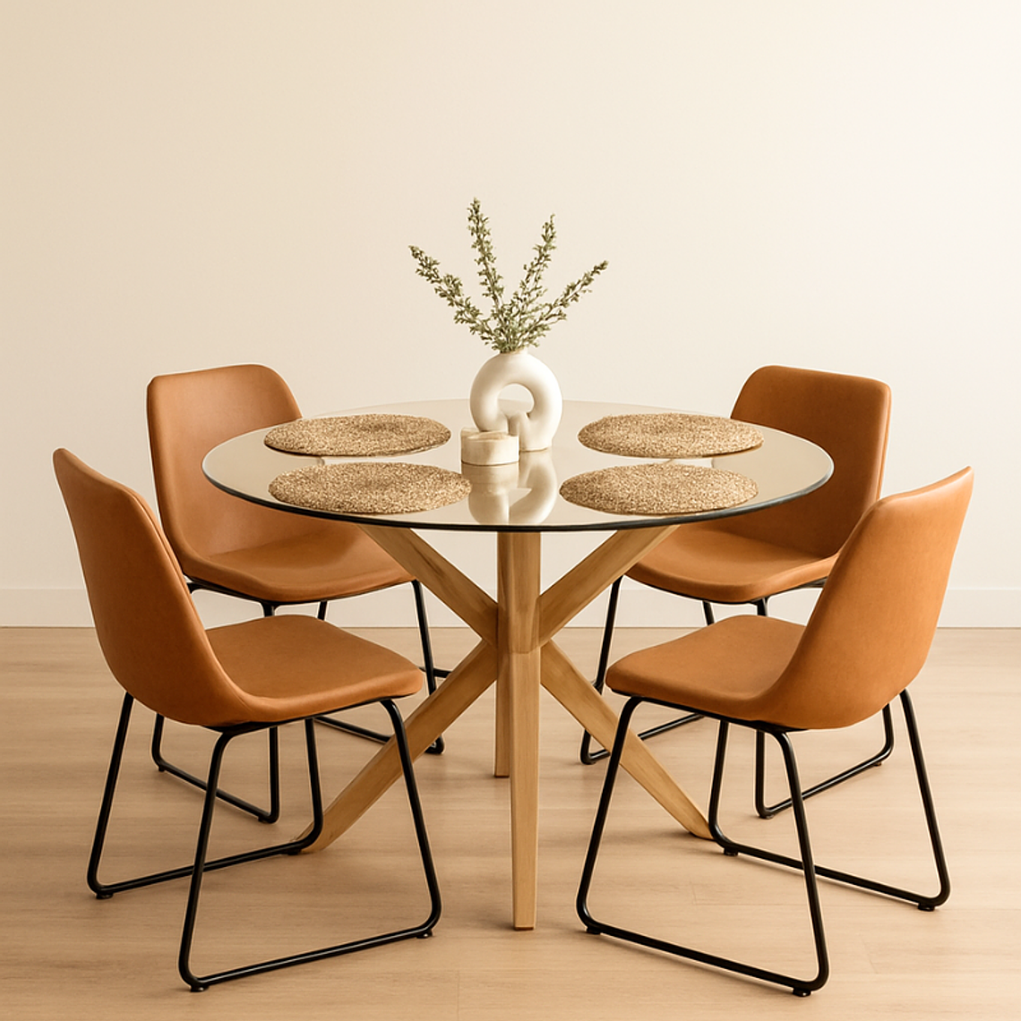 Comedor Vik redondo vidrio 120 cm con 4 Sillas Burgos de Cuero Sintético y Metal Industrial 2