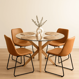 Comedor Vik redondo vidrio 120 cm con 4 Sillas Burgos de Cuero Sintético y Metal Industrial