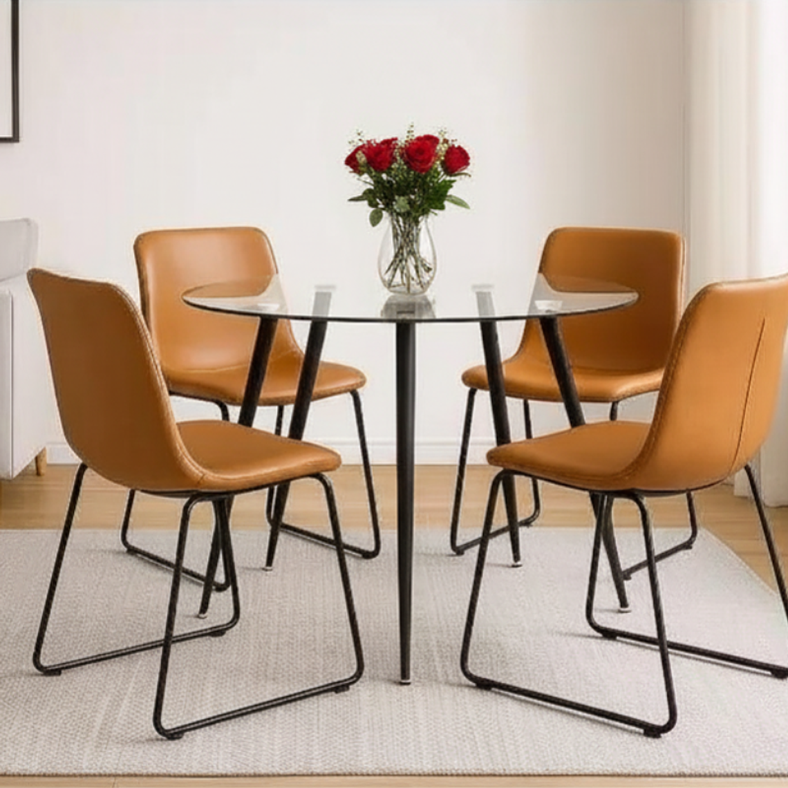 Comedor Olden redondo vidrio 120 cm con 4 Sillas Burgos de Cuero Sintético y Metal Industrial 1