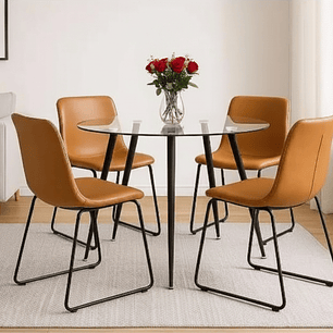 Comedor Olden redondo vidrio 120 cm con 4 Sillas Burgos de Cuero Sintético y Metal Industrial