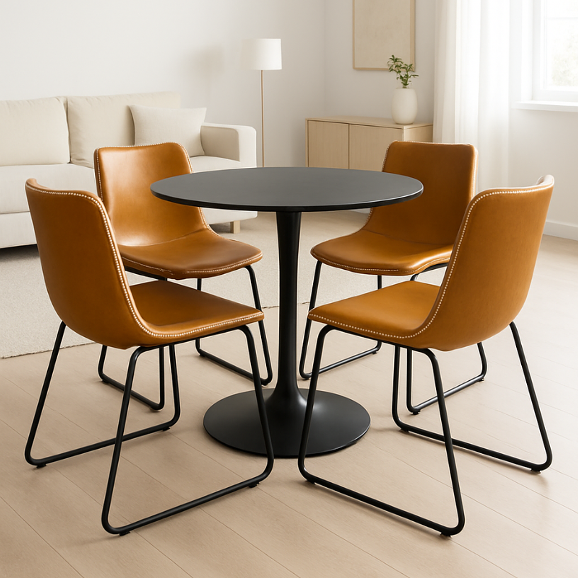 Comedor Essen redondo negro 80 cm con 4 Sillas Burgos de Cuero Sintético y Metal Industrial 1