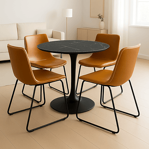 Comedor Essen Cuarzo redondo negro 100 cm con 4 Sillas Burgos de Cuero Sintético y Metal Industrial