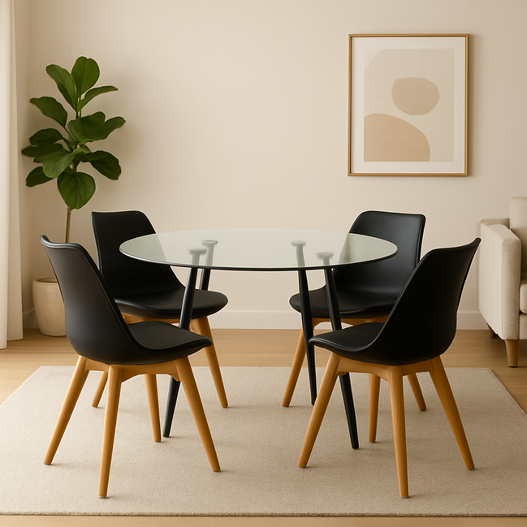 Comedor Fiordo redondo vidrio 120 cm con 4 Sillas Tulip 1