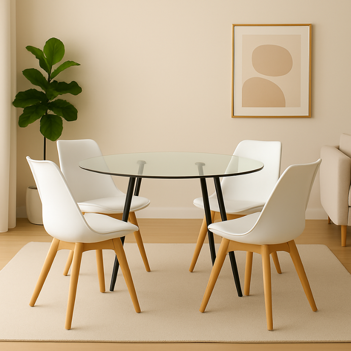 Comedor Fiordo redondo vidrio 120 cm con 4 Sillas Tulip 2