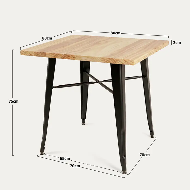 Mesa Tolix negra cuadrada 80x80 cm madera natural 6