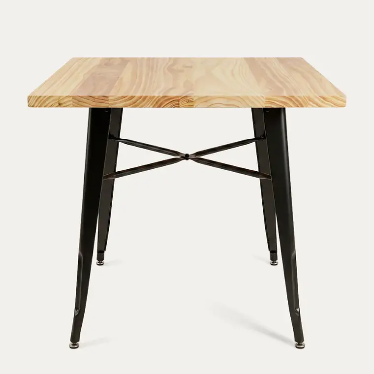Mesa Tolix negra cuadrada 80x80 cm madera natural 1