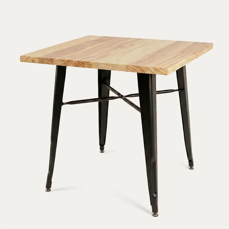 Mesa Tolix negra cuadrada 80x80 cm madera natural 2