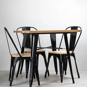 Comedor Phuket Wood cuadrado 80x80 cm con 4 Sillas Tolix Negras asiento madera