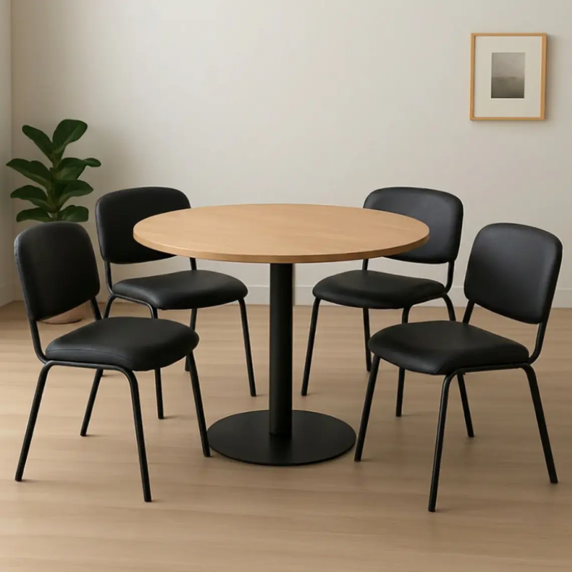 Comedor Reuniones Wood redondo 80 cm con 4 Sillas ISO Meeting Ecocuero Negro Matte 1