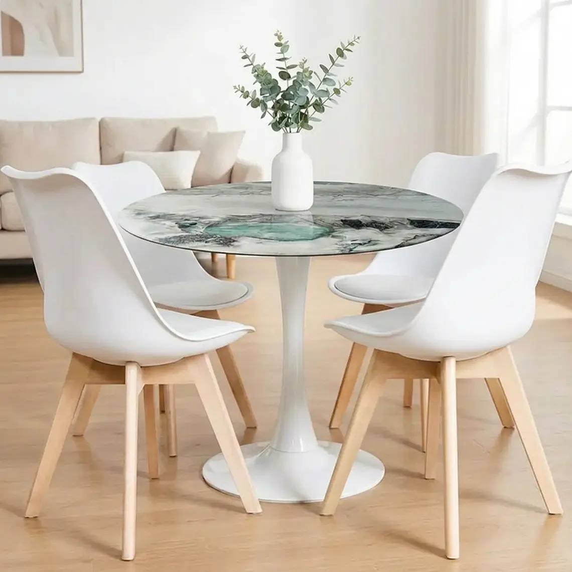 Comedor Mining redondo blanco 100 cm con 4 Sillas Tulip  1