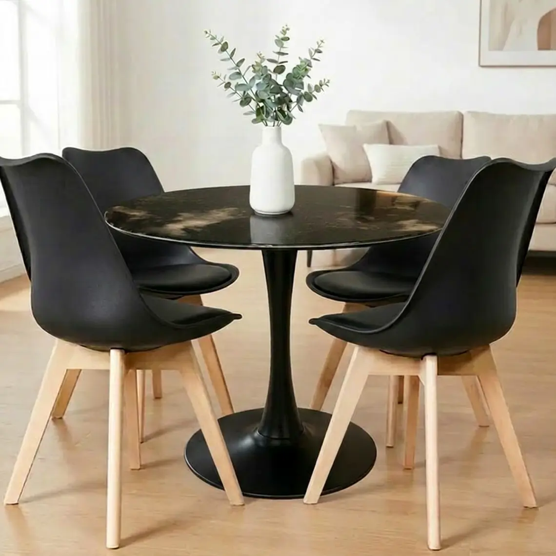 Comedor Mining redondo negro 100 cm con 4 Sillas Tulip  1