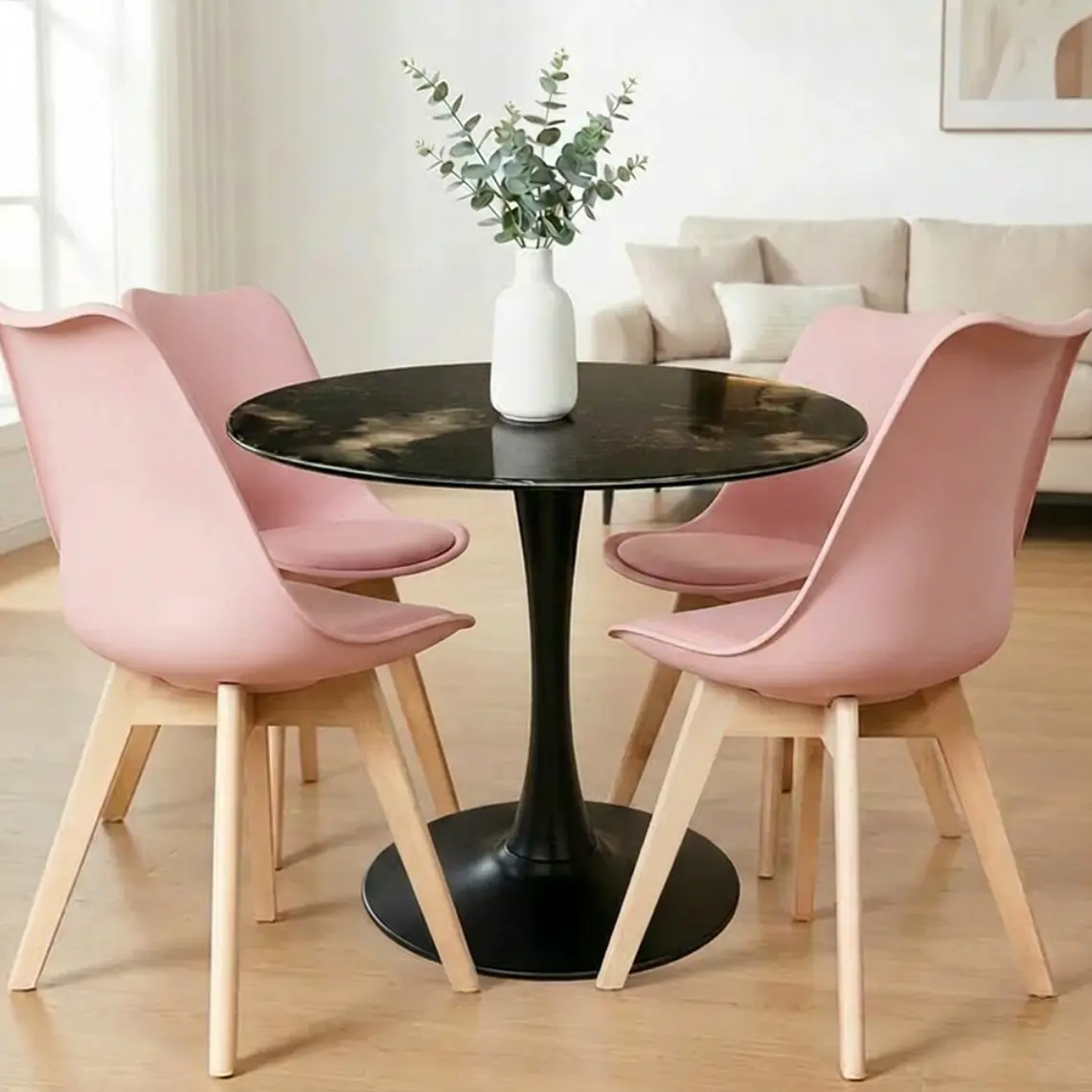 Comedor Mining redondo negro 80 cm con 4 Sillas Tulip 1
