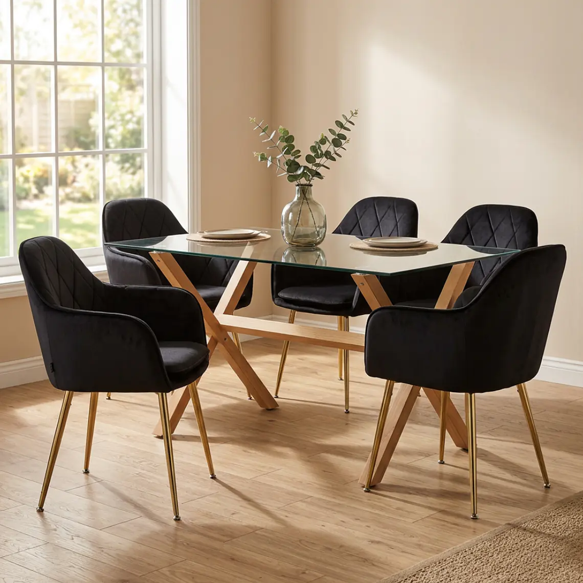 Comedor Medlock Munich rectangular vidrio 140x90 cm con 4 Sillas Diamond Gold 2