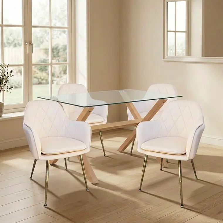 Comedor Medlock Munich rectangular vidrio 140x90 cm con 4 Sillas Diamond Gold 6