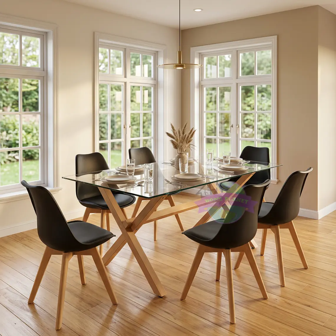 Comedor Medlock Estocolmo rectangular vidrio 140x90 cm con 6 Sillas Tulip 1